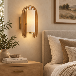 Beamiva Arbor Cage Wood-Look & Linen-Style Wall Sconce — interior scene