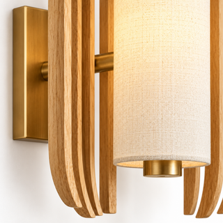 Beamiva Arbor Cage Wood-Look & Linen-Style Wall Sconce — detail close-up