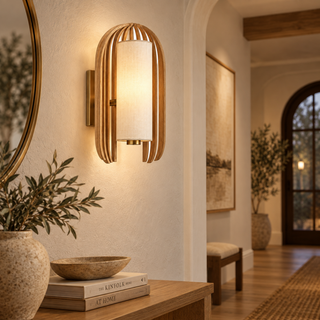 Beamiva Arbor Cage Wood-Look & Linen-Style Wall Sconce — interior scene