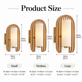 Beamiva Arbor Cage wall sconce product size chart for small medium and large variants