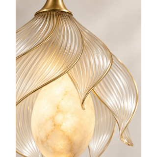 Beamiva Aurelia Bloom Alabaster-Style & Ribbed Glass Pendant Light — detail close-up