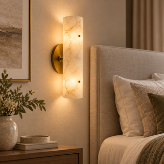 Beamiva Aurelia Alabaster-Style Glass Wall Sconce – Brushed Brass-Finish Wall Light — detail close-up