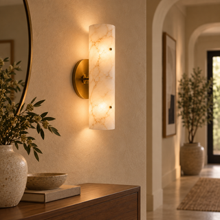 Beamiva Aurelia Alabaster-Style Glass Wall Sconce – Brushed Brass-Finish Wall Light — interior scene