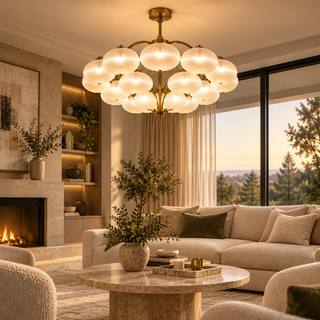 Beamiva Aurora Opal Glass Globe Chandelier – Modern Brass-Finish Multi-Light Ceiling Fixture — interior scene