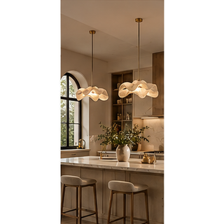 Beamiva Cairn Wave Travertine-Look Sculpted Pendant Light — interior scene