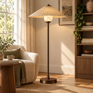 Beamiva Celeste Parasol Pleated Linen-Style & Alabaster-Style Floor Lamp — interior scene