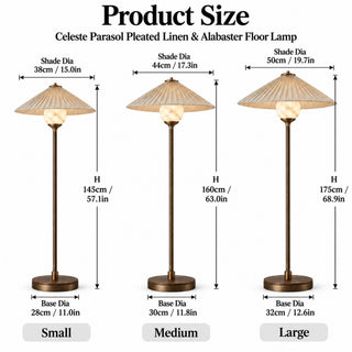 Beamiva Celeste Parasol floor lamp product size chart for small medium and large variants