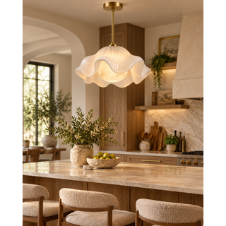 Beamiva Dune Halo Alabaster-Style & Ribbed Glass Pendant Light — interior scene