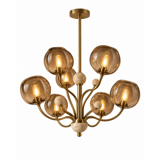 Beamiva Ember Arc Smoked Glass & Travertine-Look Chandelier — product image