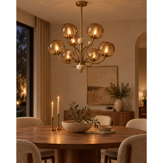 Beamiva Ember Arc Smoked Glass & Travertine-Look Chandelier — interior scene