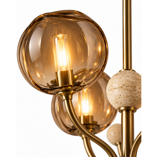 Beamiva Ember Arc Smoked Glass & Travertine-Look Chandelier — detail close-up