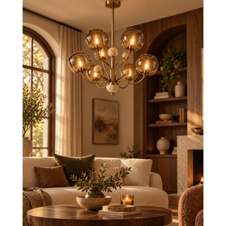 Beamiva Ember Arc Smoked Glass & Travertine-Look Chandelier — interior scene