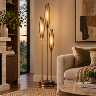 Beamiva Ember Reed Amber Glass & Wood-Look Floor Lamp — interior scene