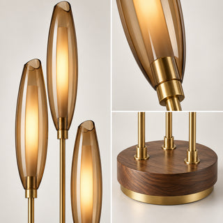 Beamiva Ember Reed Amber Glass & Wood-Look Floor Lamp — detail close-up
