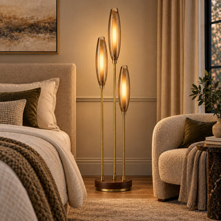 Beamiva Ember Reed Amber Glass & Wood-Look Floor Lamp — interior scene