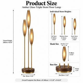 Beamiva Ember Reed floor lamp product size chart with overall height, stem heights, shade size and base size