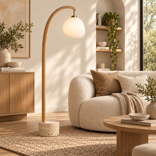 Beamiva Fjord Arch Wood-Look & Opal Glass Floor Lamp — interior scene