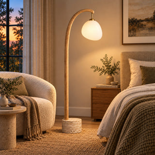 Beamiva Fjord Arch Wood-Look & Opal Glass Floor Lamp — interior scene