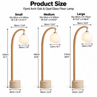 Beamiva Fjord Arch floor lamp product size chart for small medium and large variants
