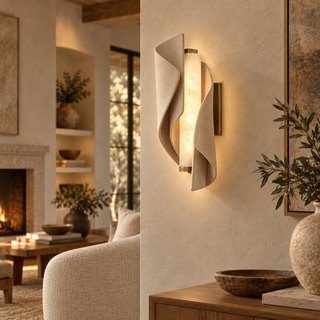 Beamiva Folded Veil Stone-Look & Alabaster-Style Wall Sconce — interior scene