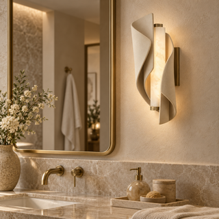 Beamiva Folded Veil Stone-Look & Alabaster-Style Wall Sconce — interior scene