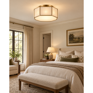 Beamiva Lucent Fold Pleated Linen-Style & Brass-Finish Ceiling Light — interior scene