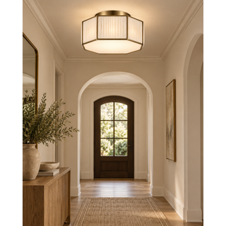 Beamiva Lucent Fold Pleated Linen-Style & Brass-Finish Ceiling Light — interior scene