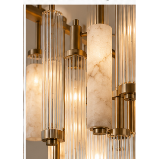 Beamiva Luma Veil Fluted Glass & Alabaster-Style Chandelier — detail close-up