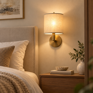 Beamiva Luna Linen-Style Wall Sconce | Brushed Brass-Finish Wall Lamp — interior scene