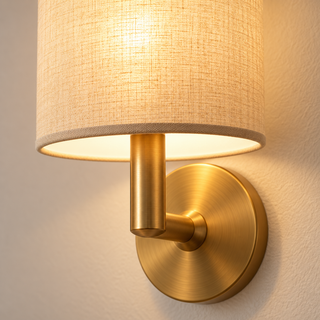Beamiva Luna Linen-Style Wall Sconce | Brushed Brass-Finish Wall Lamp — interior scene