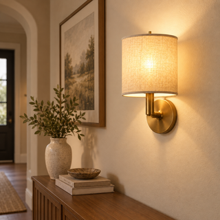 Beamiva Luna Linen-Style Wall Sconce | Brushed Brass-Finish Wall Lamp — detail close-up