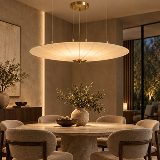 Beamiva Lunara Wide Linen-Style Disc Pendant Light — interior scene