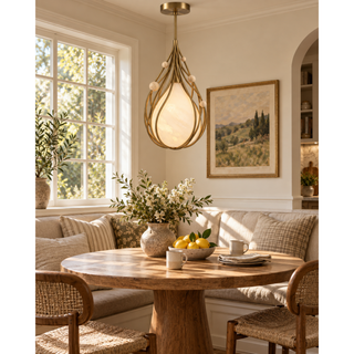 Beamiva Orbit Vine Alabaster-Style & Travertine-Look Sculptural Pendant Light — interior scene