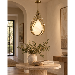 Beamiva Orbit Vine Alabaster-Style & Travertine-Look Sculptural Pendant Light — interior scene