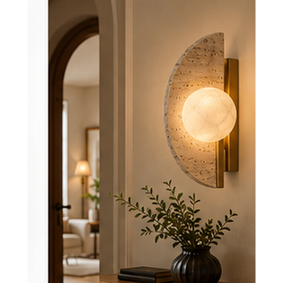 Beamiva Orion Arc Travertine-Look & Alabaster-Style Wall Sconce — interior scene