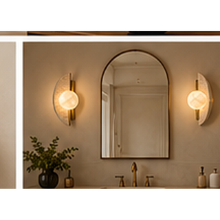 Beamiva Orion Arc Travertine-Look & Alabaster-Style Wall Sconce — interior scene