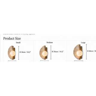 Beamiva Orion Arc wall sconce product size chart for small medium and large variants