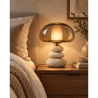 Beamiva Pebble Bloom Travertine-Look & Smoked Glass Table Lamp — interior scene