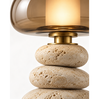 Beamiva Pebble Bloom Travertine-Look & Smoked Glass Table Lamp — detail close-up