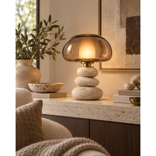 Beamiva Pebble Bloom Travertine-Look & Smoked Glass Table Lamp — interior scene