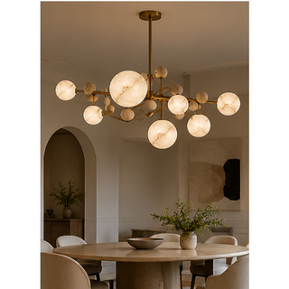 Beamiva Pebble Orbit Alabaster-Style & Travertine-Look Globe Chandelier — interior scene