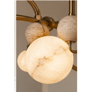 Beamiva Pebble Orbit Alabaster-Style & Travertine-Look Globe Chandelier — detail close-up