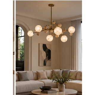 Beamiva Pebble Orbit Alabaster-Style & Travertine-Look Globe Chandelier — interior scene