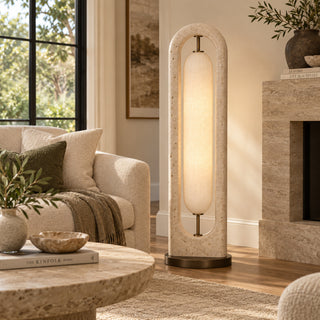 Beamiva Portico Glow Travertine-Look & Linen-Style Floor Lamp — interior scene