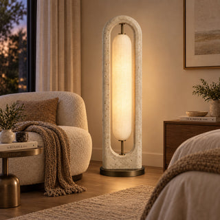 Beamiva Portico Glow Travertine-Look & Linen-Style Floor Lamp — interior scene