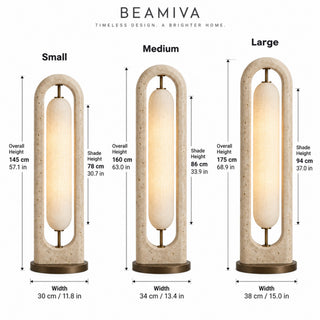 Beamiva Portico Glow floor lamp product size chart for small medium and large variants