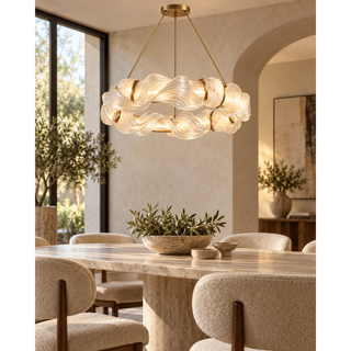 Beamiva Ribbon Halo Sculptural Glass & Alabaster-Style Chandelier — interior scene