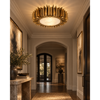 Beamiva Solstice Crown Hammered Brass-Finish & Alabaster-Style Ceiling Light — interior scene