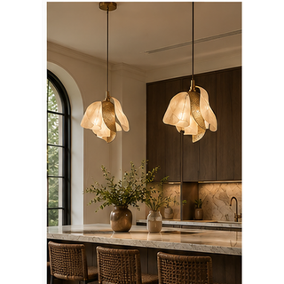Beamiva Solstice Wave Alabaster-Style & Textured Brass-Finish Pendant Light — interior scene