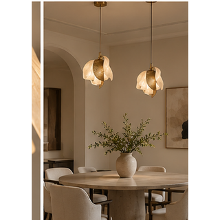 Beamiva Solstice Wave Alabaster-Style & Textured Brass-Finish Pendant Light — interior scene